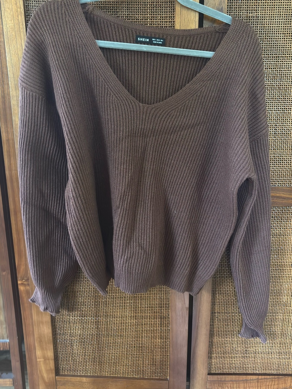 SHEIN Women's Chocolate Brown Ribbed V-Neck Sweater